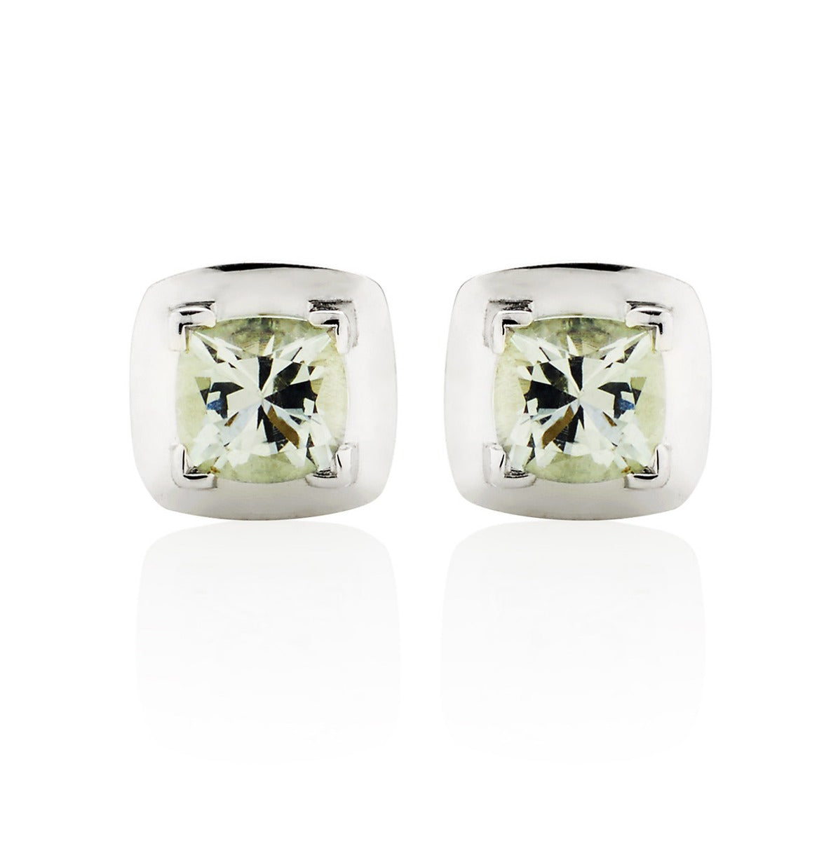 0.80ct Cushion Cut Green Amethyst Stud Earrings In 18K White Gold