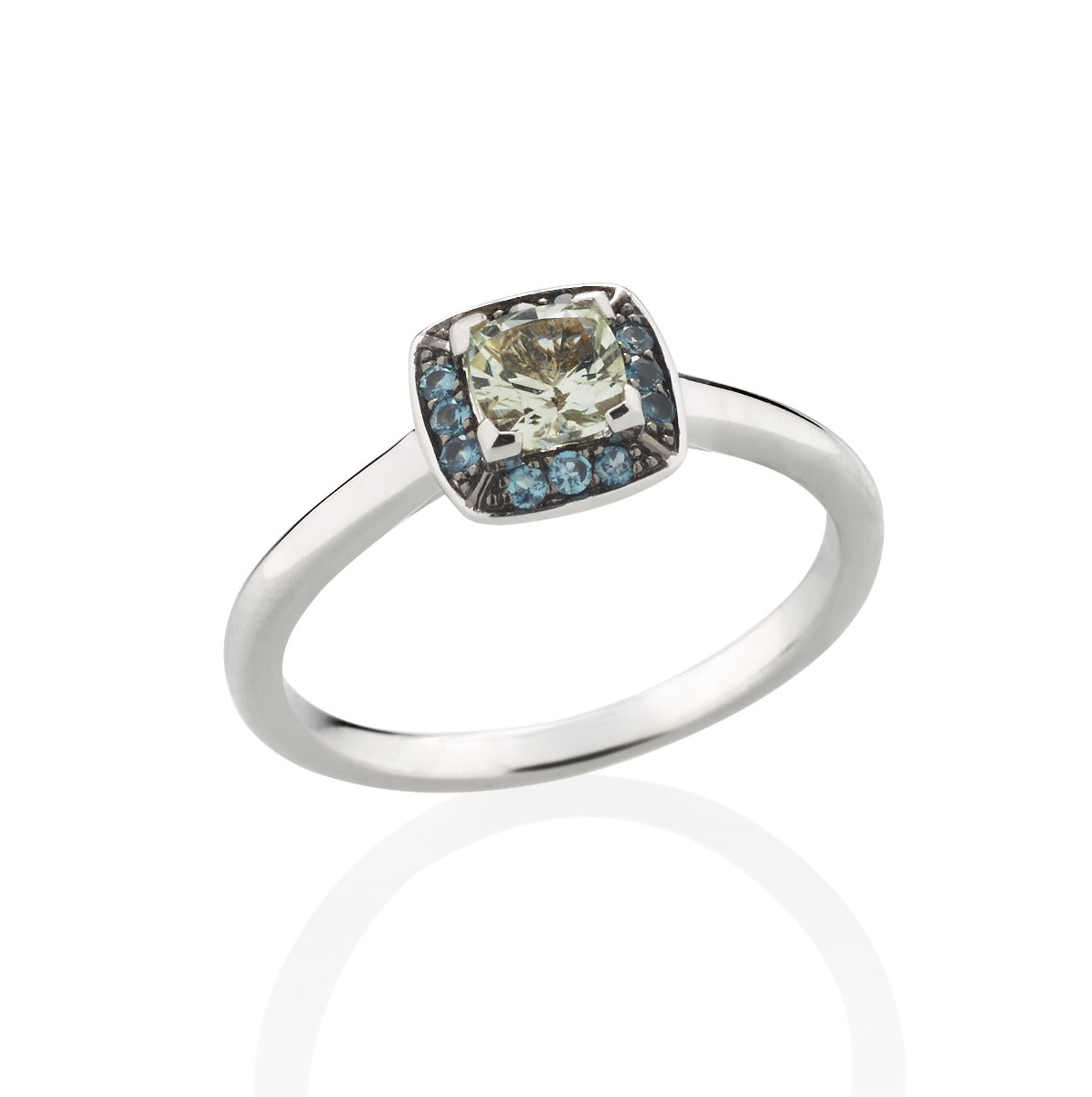 Green Amethyst and London Blue Topaz Ring in 18K White Gold