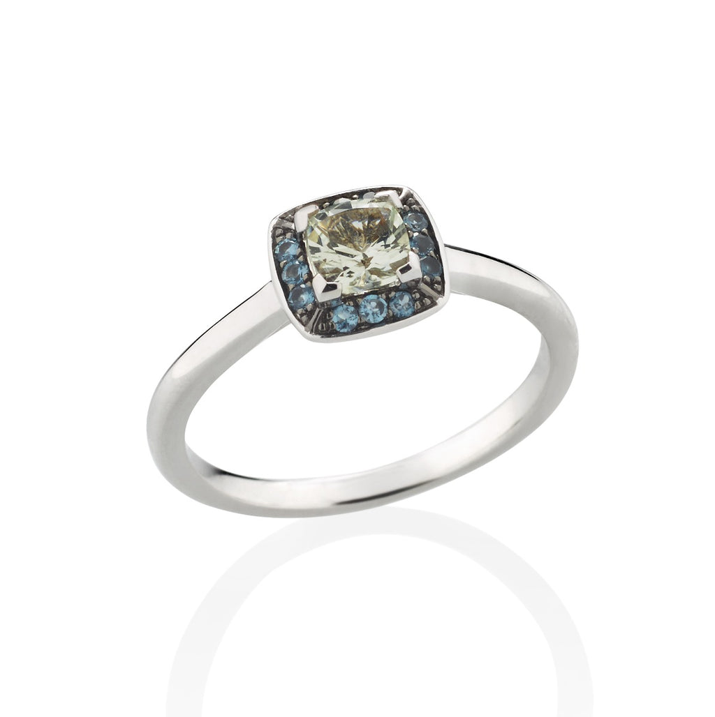 Prasiolite and London blue topaz ring in 18ct white gold