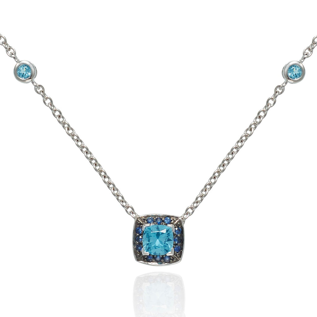 Sky Blue Topaz and Blue Sapphire Necklace in 18K White Gold