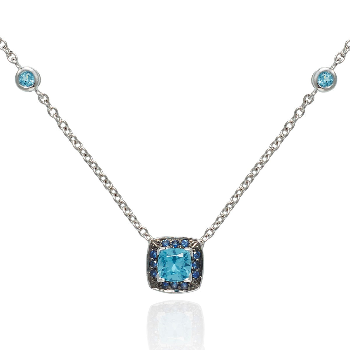 Sky Blue Topaz and Blue Sapphire Necklace in 18K White Gold