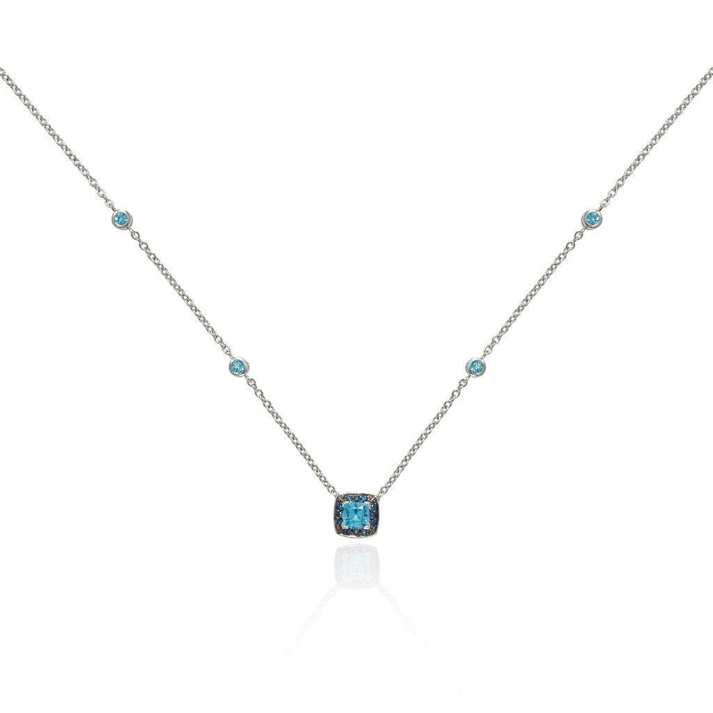Swiss Blue Topaz and Blue Sapphire Necklace in 18K White Gold