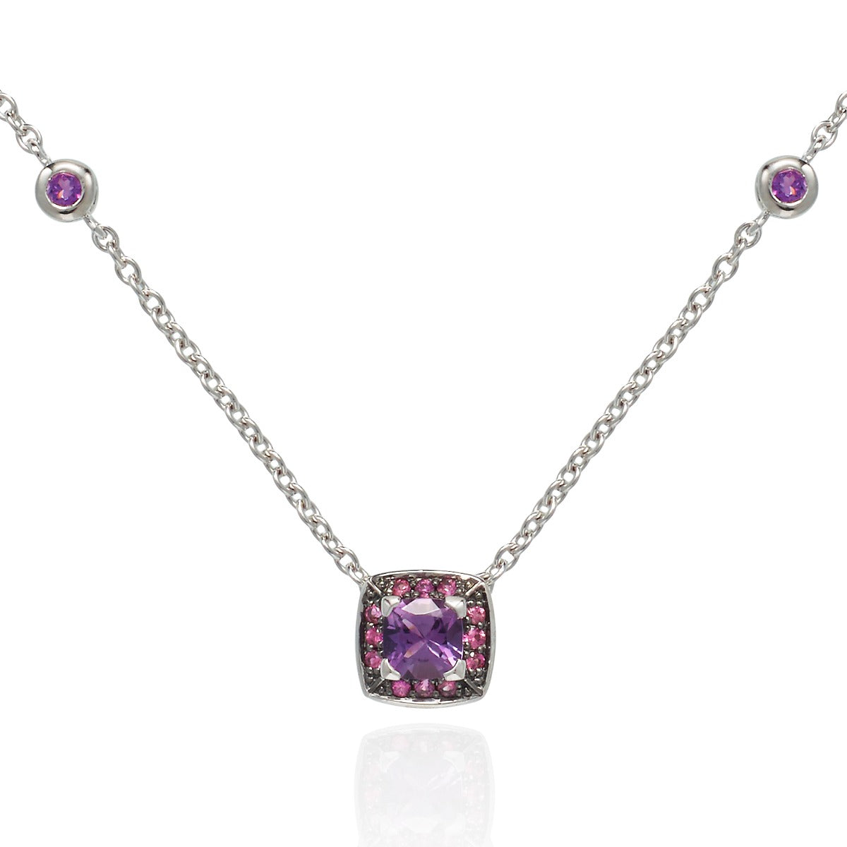 18K White Gold Necklace with Amethyst and Pink Sapphire Gemstones