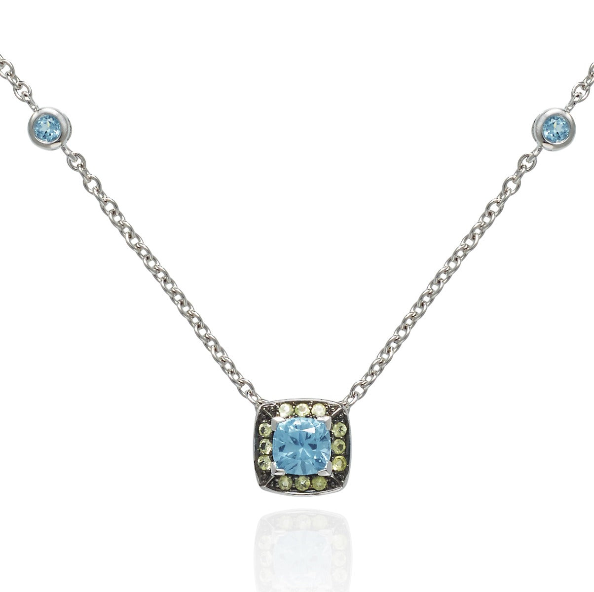 blue topaz and peridot necklace in 18K white gold