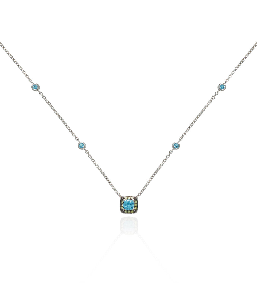 Swiss Blue Topaz and Peridot Necklace in 18K White Gold
