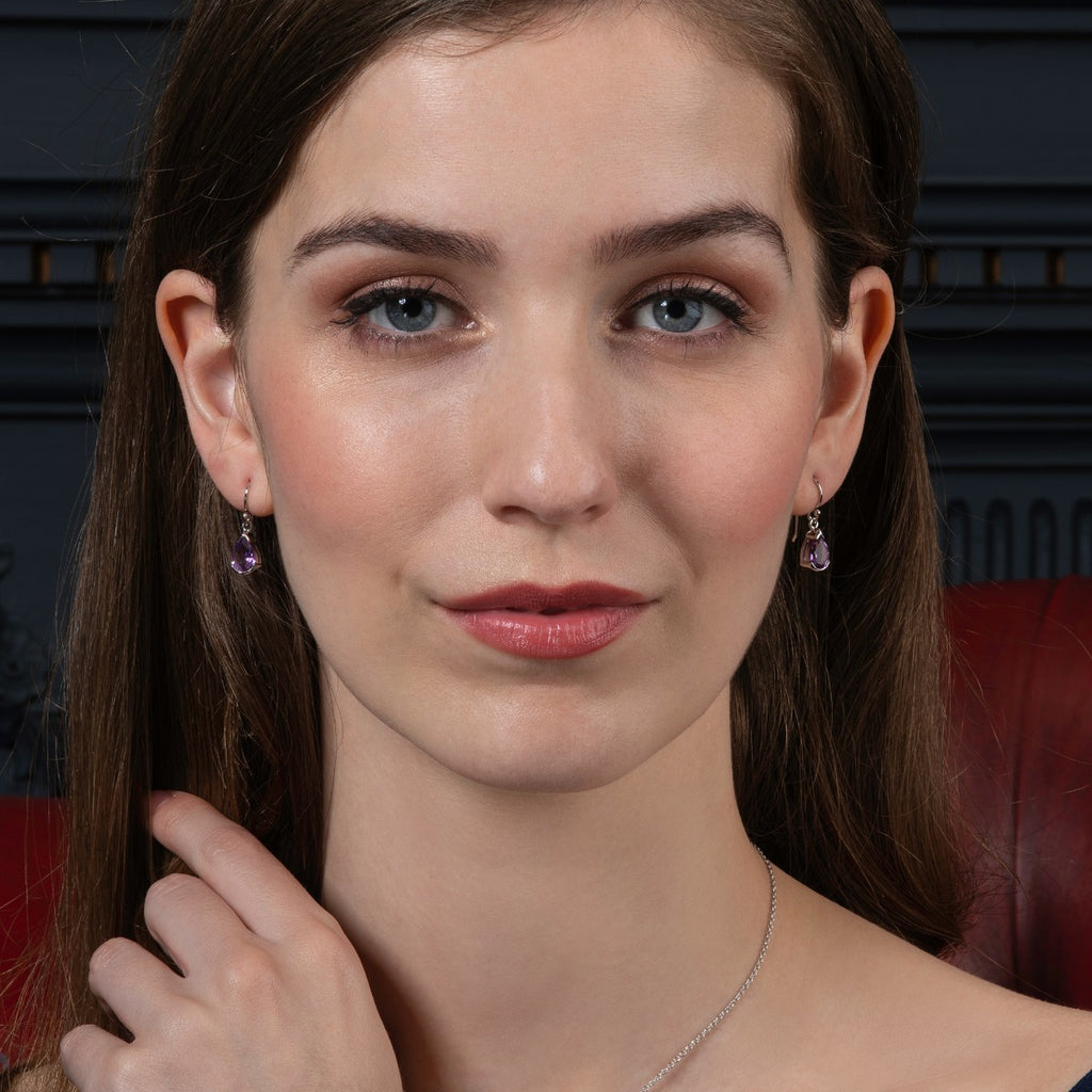 Pear Shaped Amethyst Drop Earrings in Sterling Silver