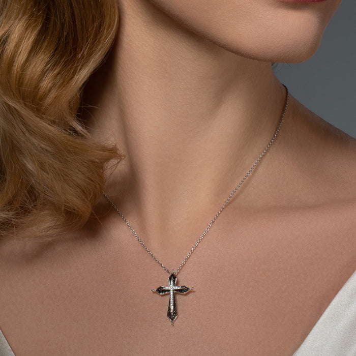 Sterling Silver Cross Pendant Necklace with Black and White Stones
