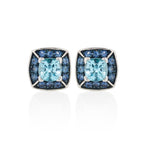 Swiss blue topaz and blue sapphire stud earrings for women in 18K white gold