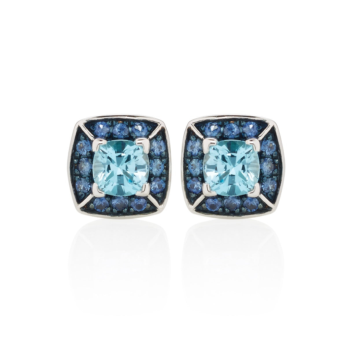 Swiss blue topaz and blue sapphire stud earrings for women in 18K white gold