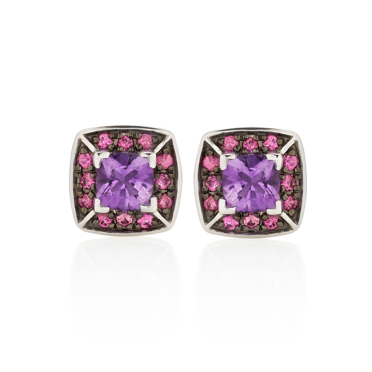 Amethyst and Pink Sapphire Stud Earrings in 18K White Gold