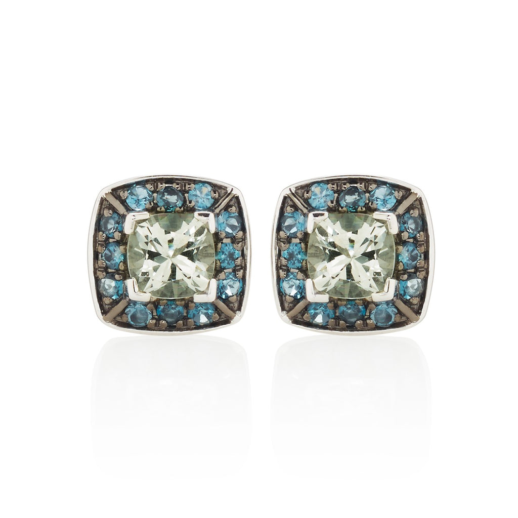 Green Amethyst and London Blue Topaz Stud Earrings in 18K White Gold