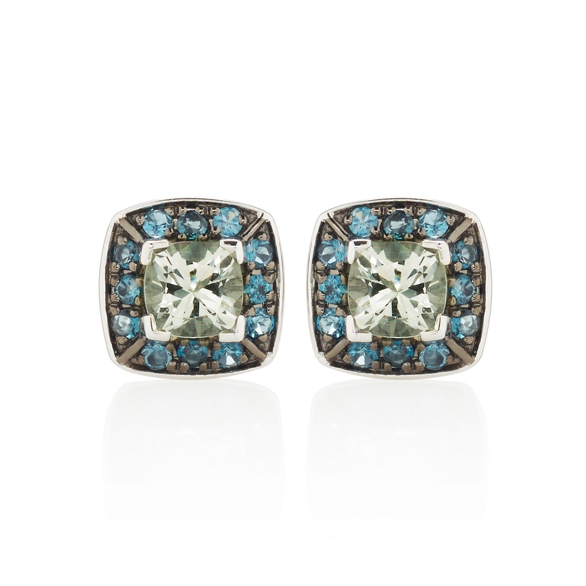 Green Amethyst and London Blue Topaz Stud Earrings in 18K White Gold