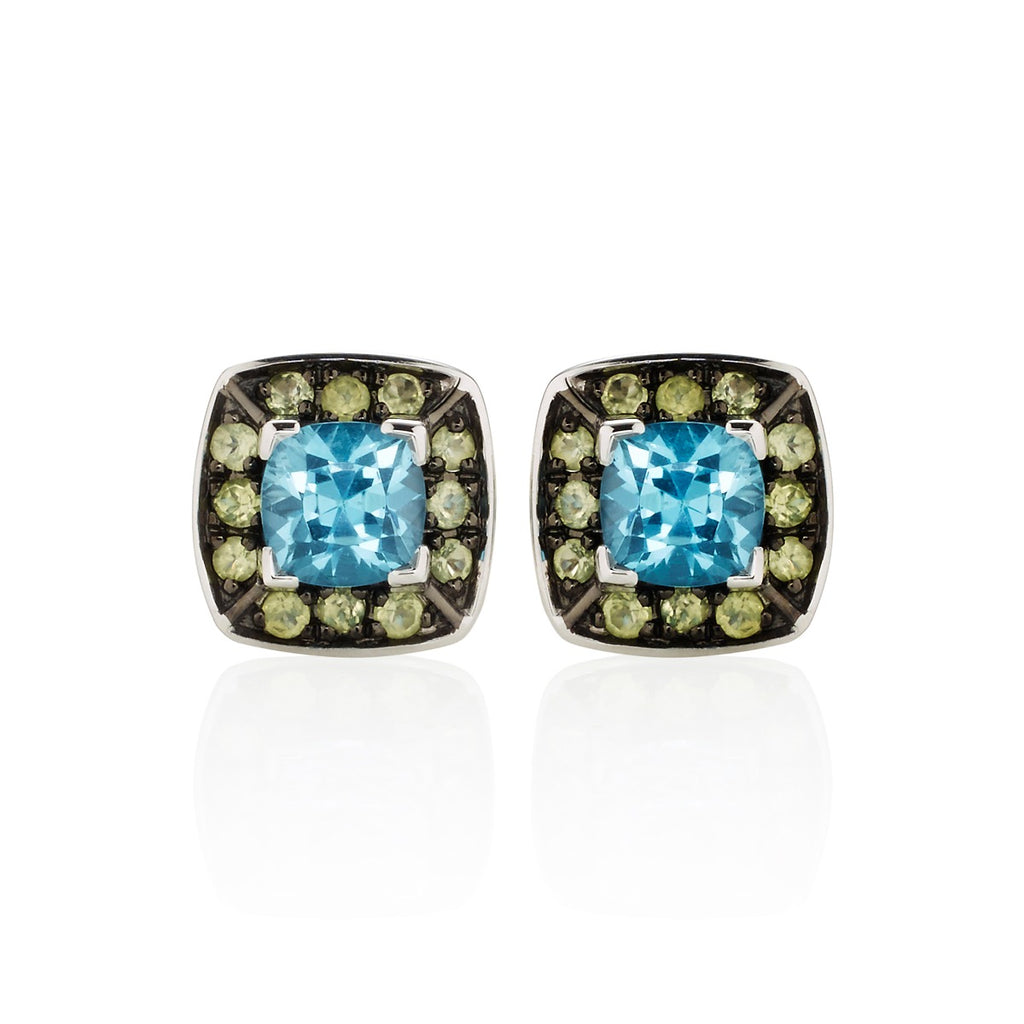 Swiss Blue Topaz and Peridot Stud Earrings in 18K White Gold