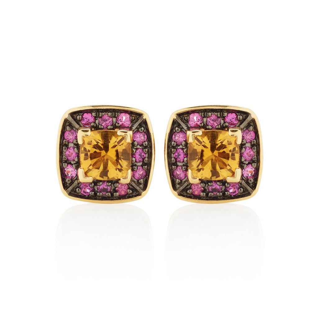 Citrine and Pink Sapphire Stud Earrings in 18K Yellow Gold