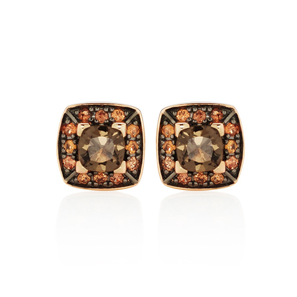 Smoky Quartz and Orange Sapphire Stud Earrings in 18K Rose Gold