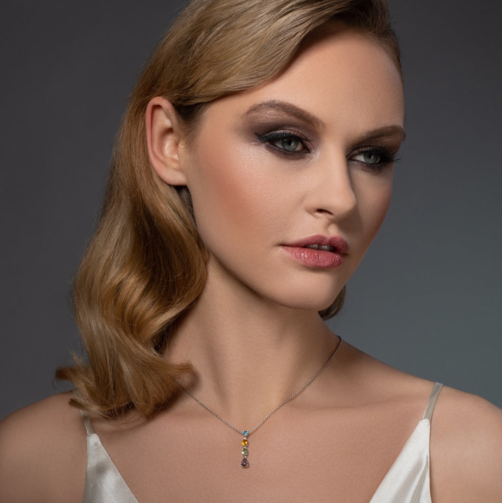Sterling Silver Multicoloured Drop Pendant Necklace