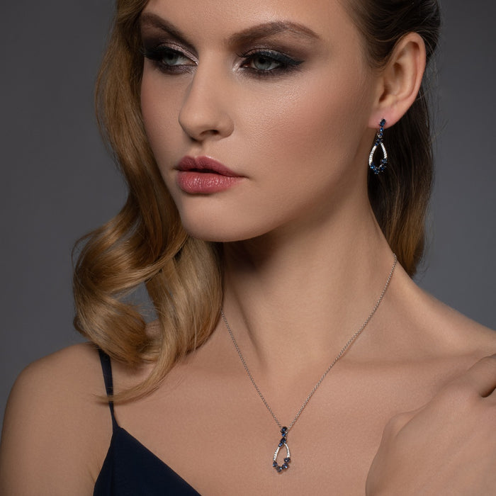 Sterling Silver Long Drop Earrings With Blue Stones And Cubic Zirconia