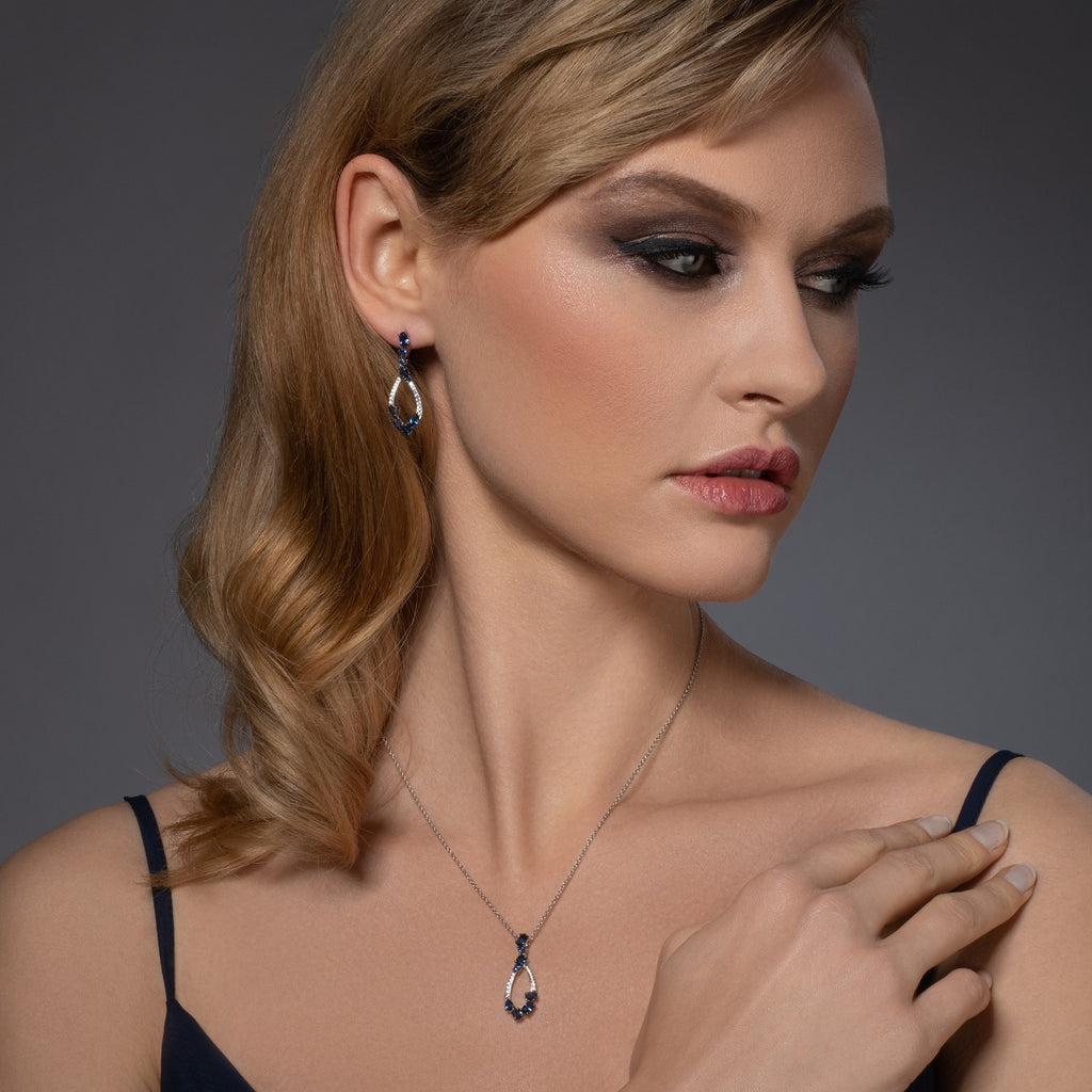Sterling Silver Long Drop Earrings With Blue Stones And Cubic Zirconia
