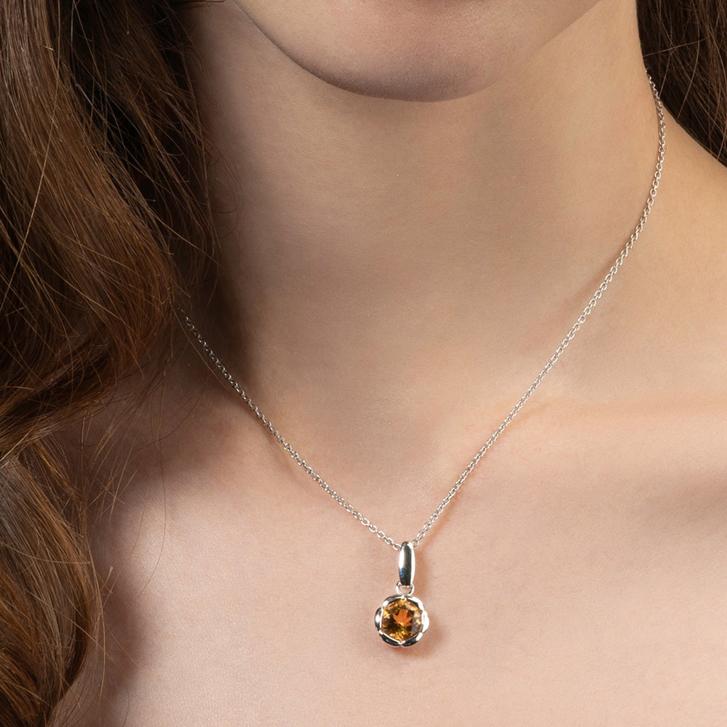 Round Citrine Pendant Necklace in Sterling Silver