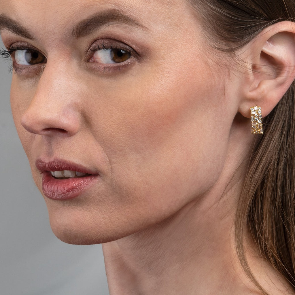 Gold Plated Hoop Earrings with Round and Baguette Cubic Zirconia Stones