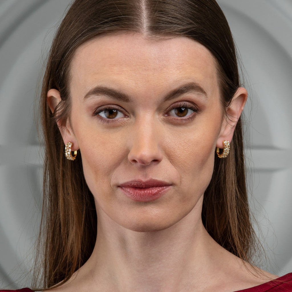 Gold Plated Hoop Earrings with Round and Baguette Cubic Zirconia Stones