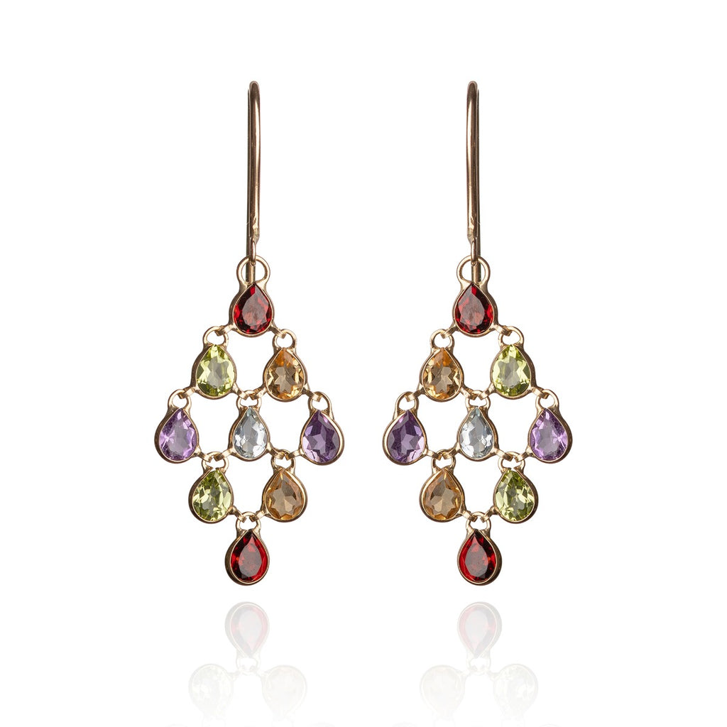 Long 9ct drop earrings with semi precious stones
