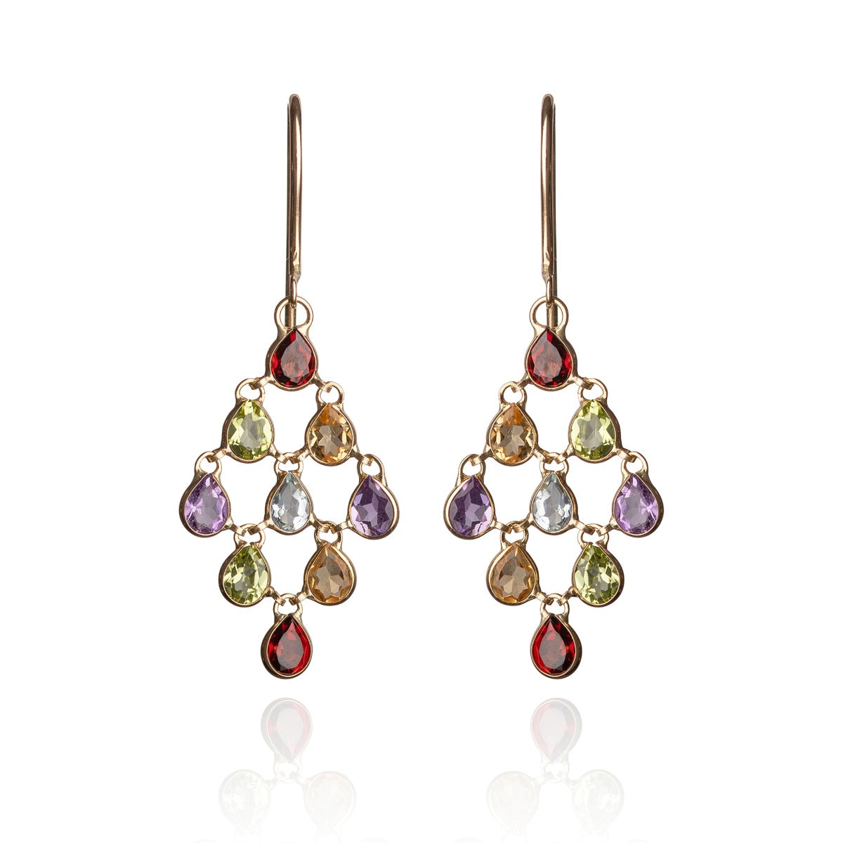 Long 9ct drop earrings with semi precious stones