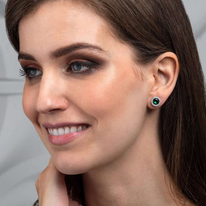 Sterling Silver Round Green Halo Stud Earrings