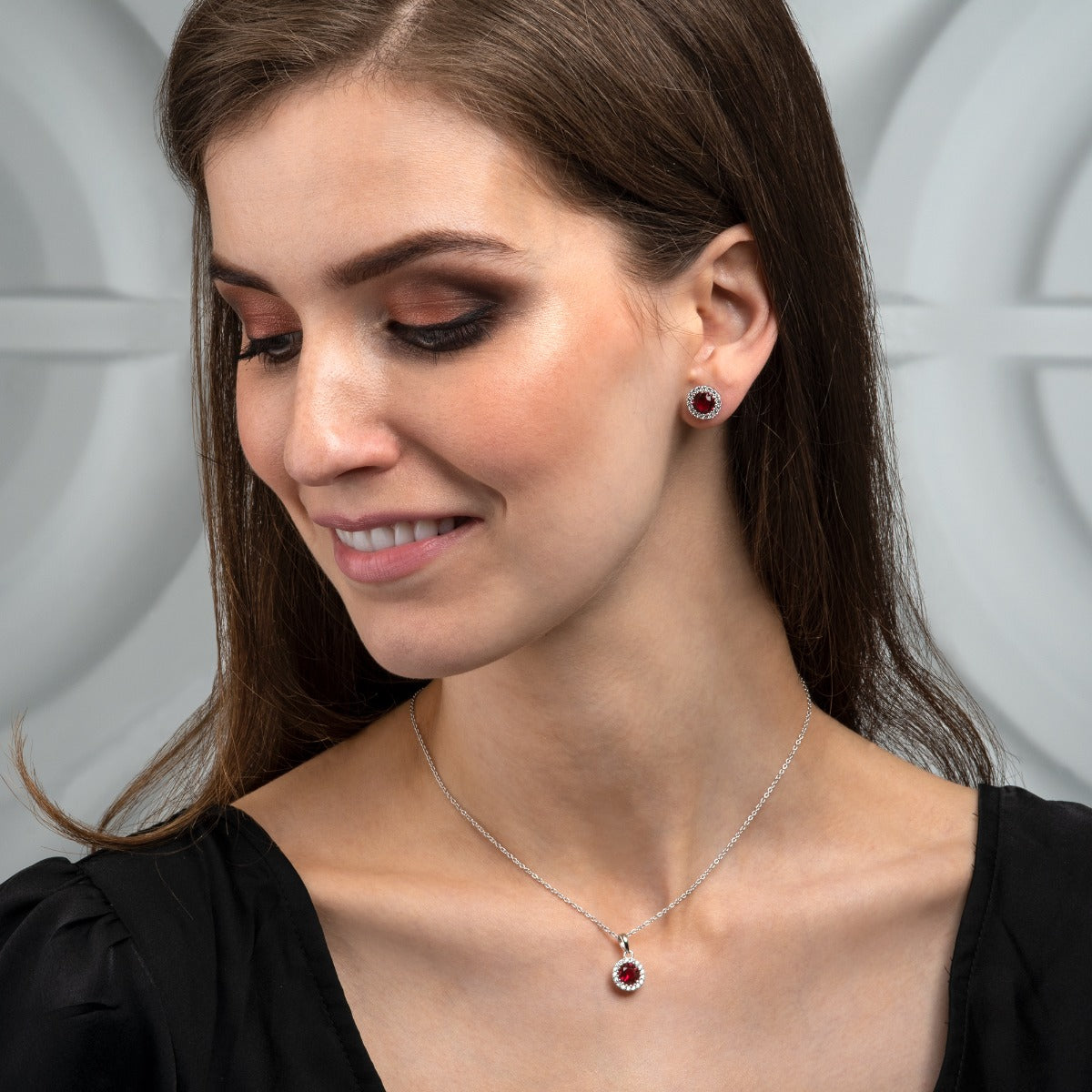 Sterling Silver Round Red Halo Stud Earrings