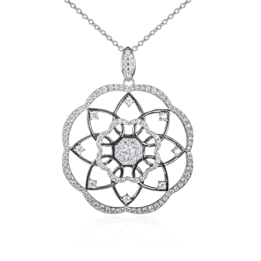 Sterling Silver Mandala Pendant Necklace with Cubic Zirconia