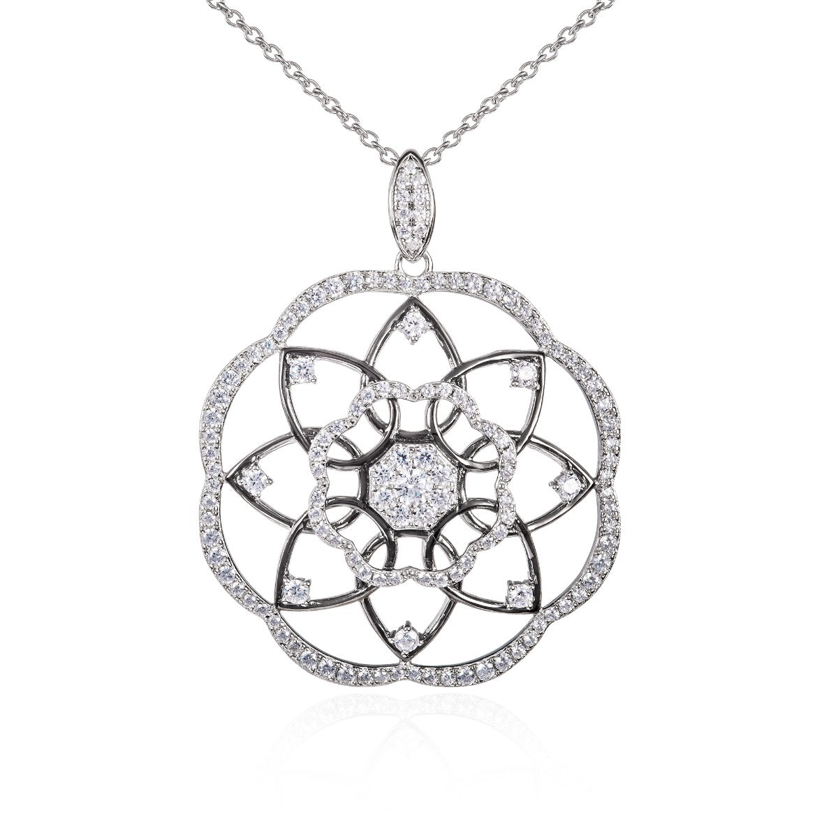 Sterling Silver Mandala Pendant Necklace with Cubic Zirconia