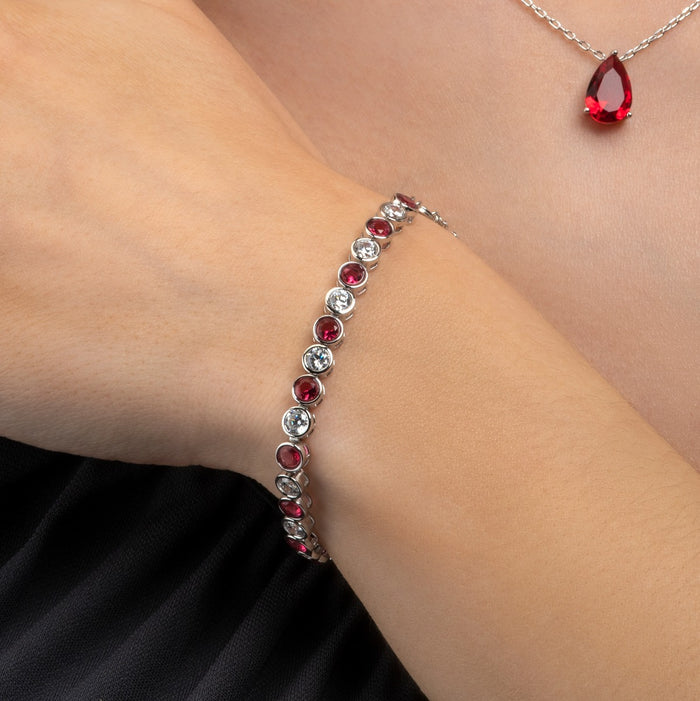 Bezel Set Sterling Silver Tennis Bracelet 4mm Red & White Cubic Zirconia