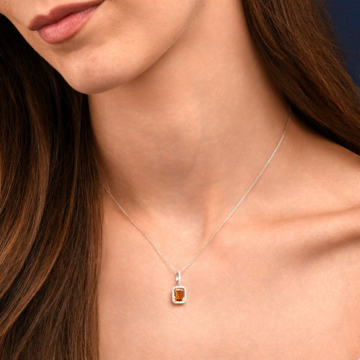 1.10ct Citrine Drop Pendant Necklace With Diamond Halo 9K White Gold