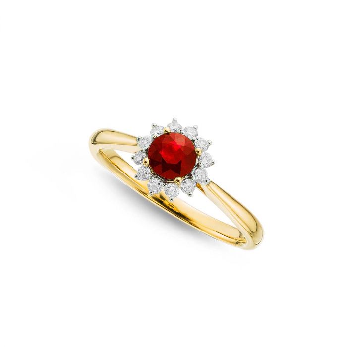 Ruby Ring 5mm Round Ruby & 0.18ct Diamond Halo in 18K Yellow Gold