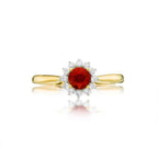 Ruby Ring 5mm Round Ruby & 0.18ct Diamond Halo in 18K Yellow Gold