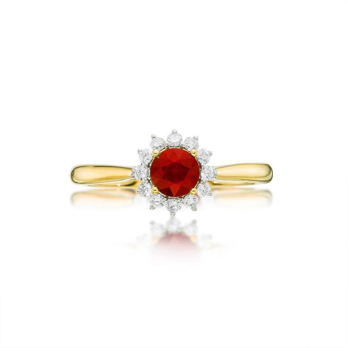 Ruby Ring 5mm Round Ruby & 0.18ct Diamond Halo in 18K Yellow Gold