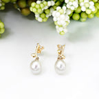 Pearl Drop Earrings with Cubic Zirconia Hearts in 9K Yellow Gold