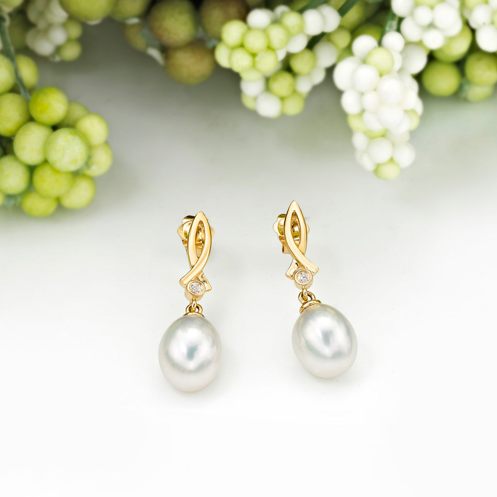Freshwater Pearl Drop Earrings Pearls & Cubic Zirconia 9K Yellow Gold