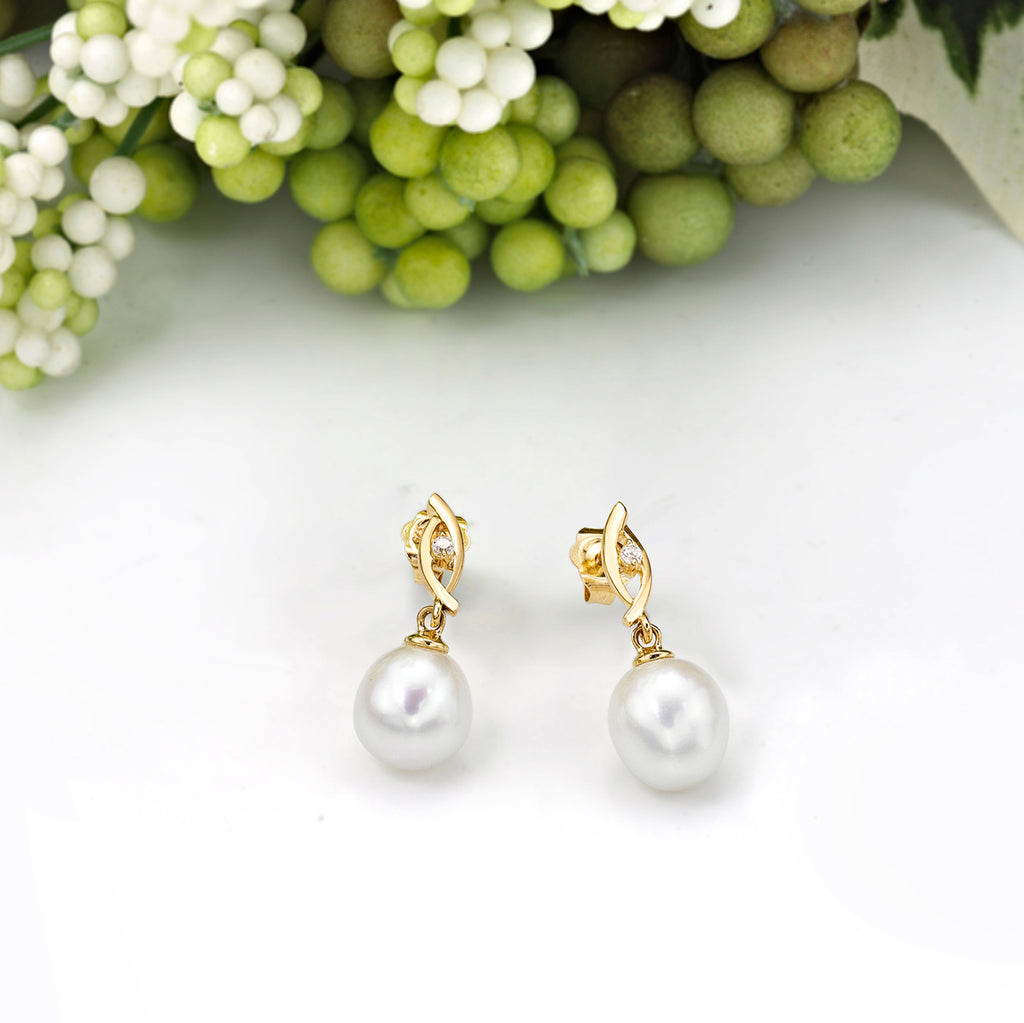 Pearl Drop Earrings Freshwater Pearls & Cubic Zirconia 9K Yellow Gold