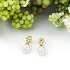 Pearl Drop Earrings wtih White Pearl & Cubic Zirconia in 9K Yellow Gold
