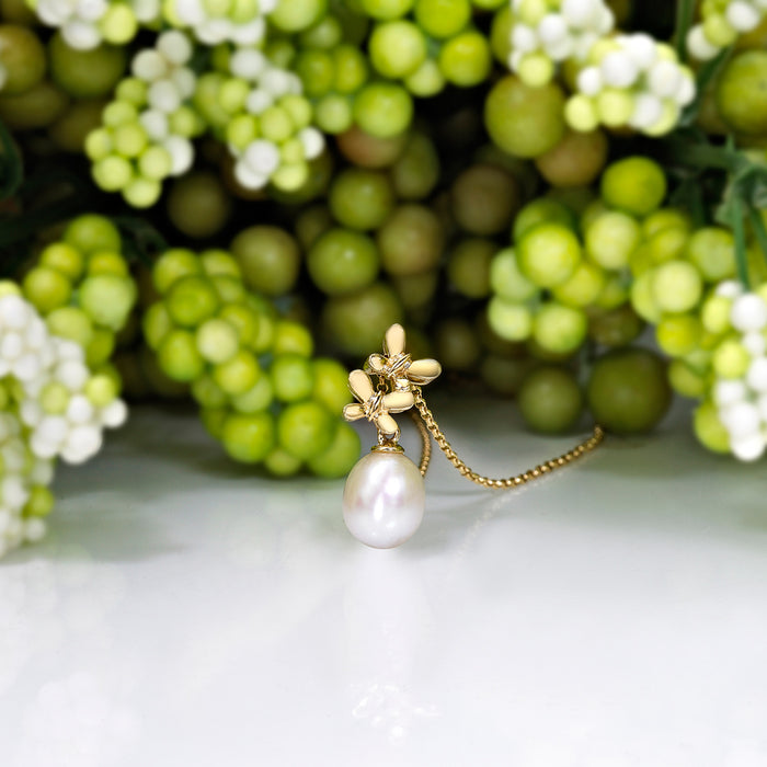Twin Butterfly Pearl Necklace with Single Drop Pearl in 9K Yellow Gold