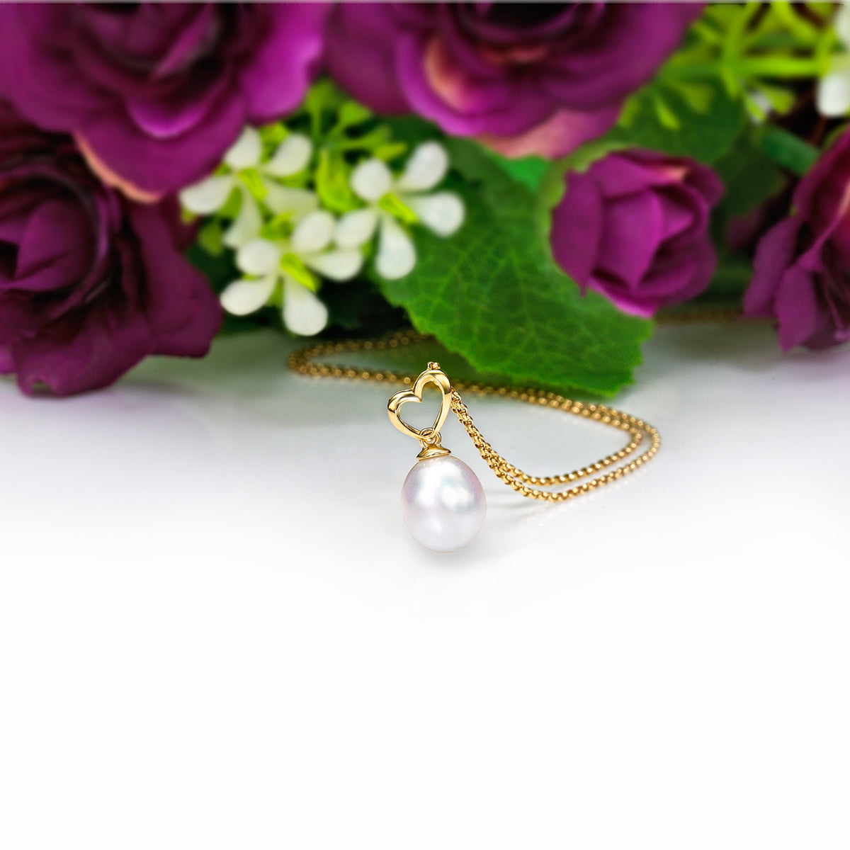 Freshwater Pearl Drop Necklace with Tilting Heart 9K Yellow Gold