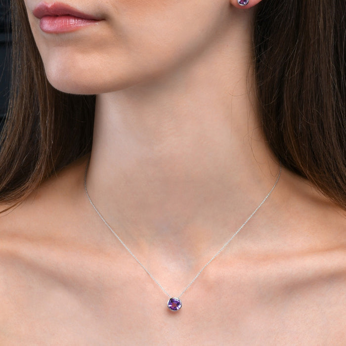 Bezel Set Amethyst Pendant Necklace in Sterling Silver