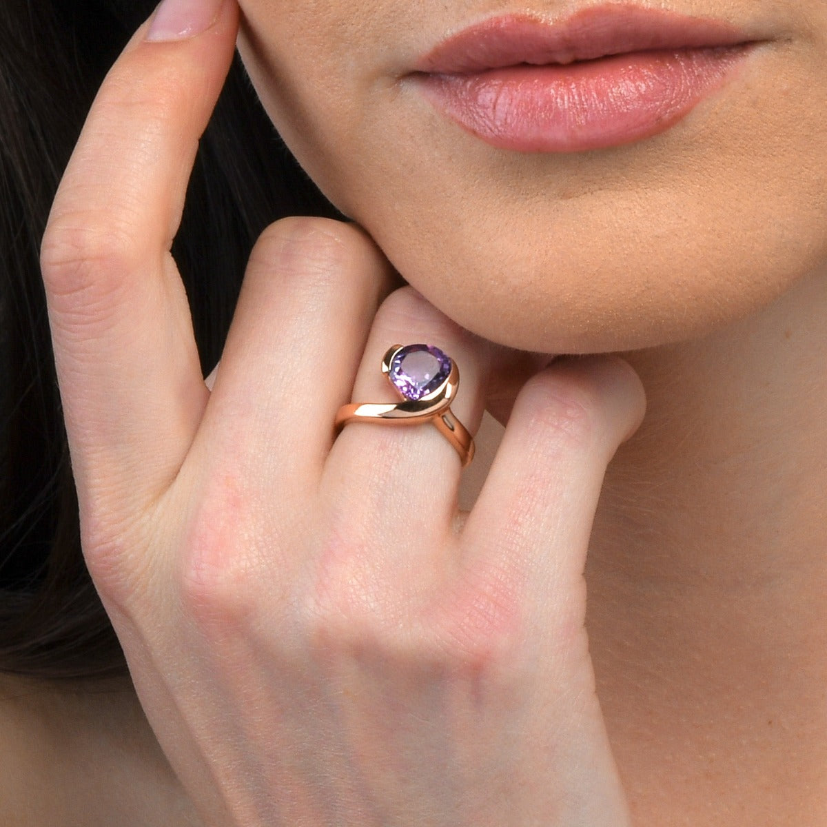 Rose Gold Vermeil Ring with a Pear-Shaped Amethyst Gemstone