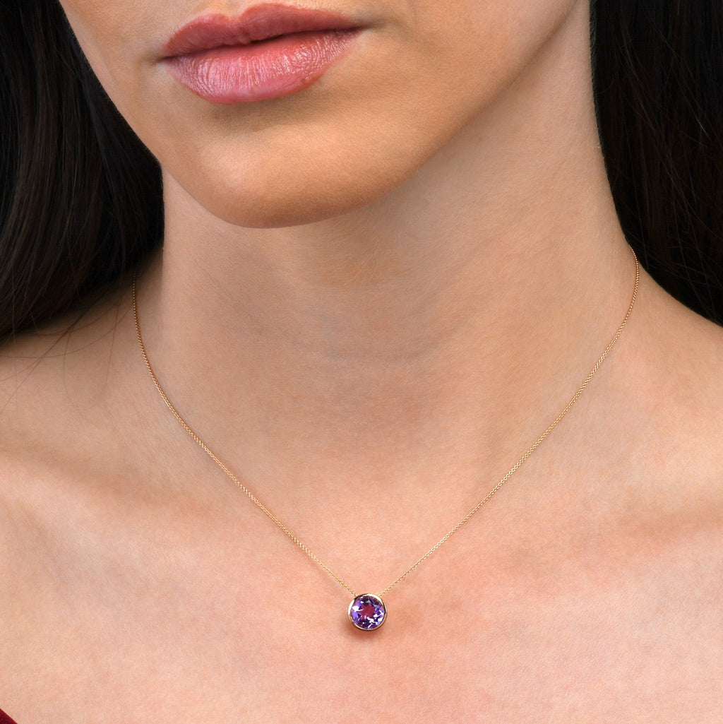 Bezel Set Amethyst Pendant Necklace in Rose Gold Plated Sterling Silver