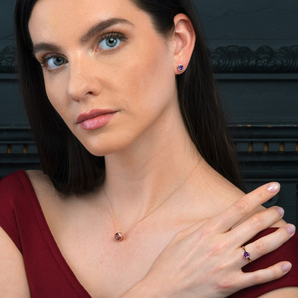 Bezel Set Amethyst Ring in Rose Gold Plated Sterling Silver