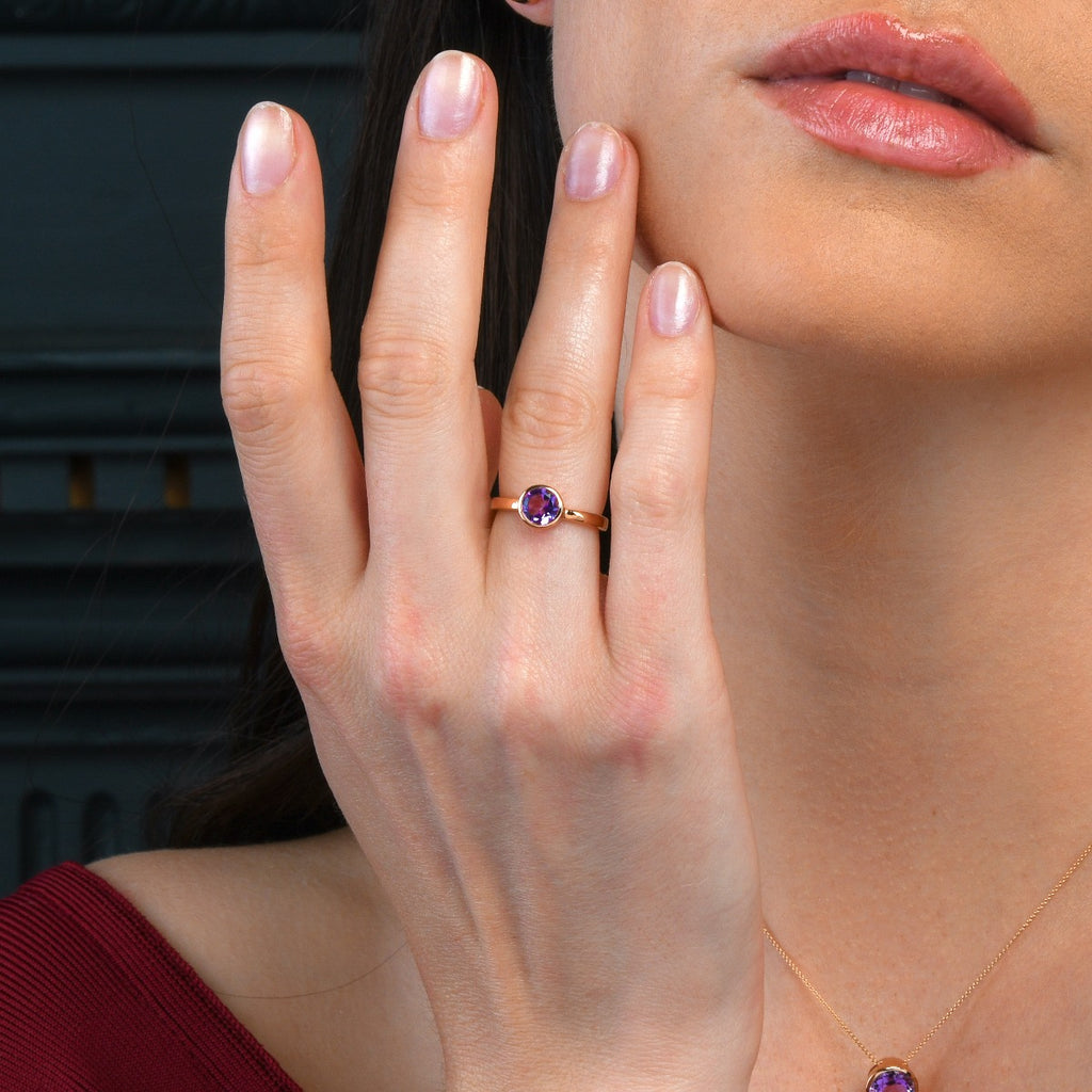 Bezel Set Amethyst Ring in Rose Gold Plated Sterling Silver