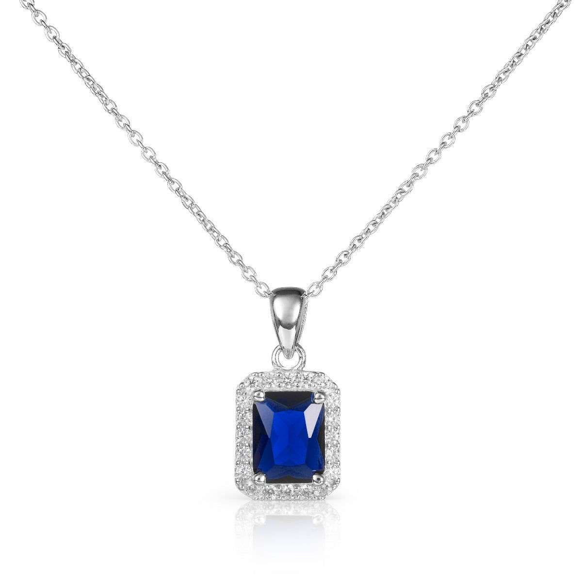 Emerald Cut Sapphire Blue Pendant Necklace in 925 Sterling Silver