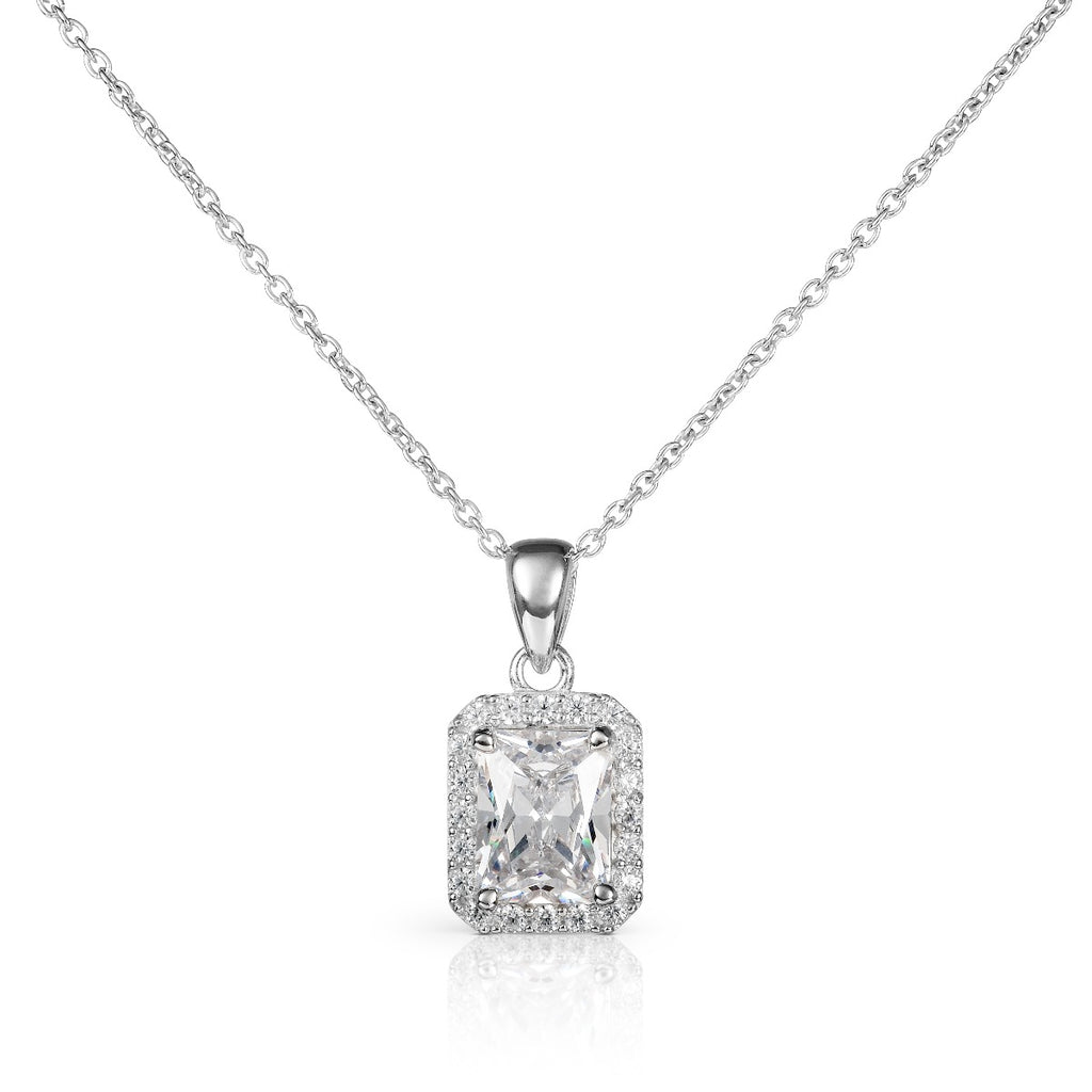 Sterling Silver Emerald Cut Cubic Zirconia Pendant Necklace for Women
