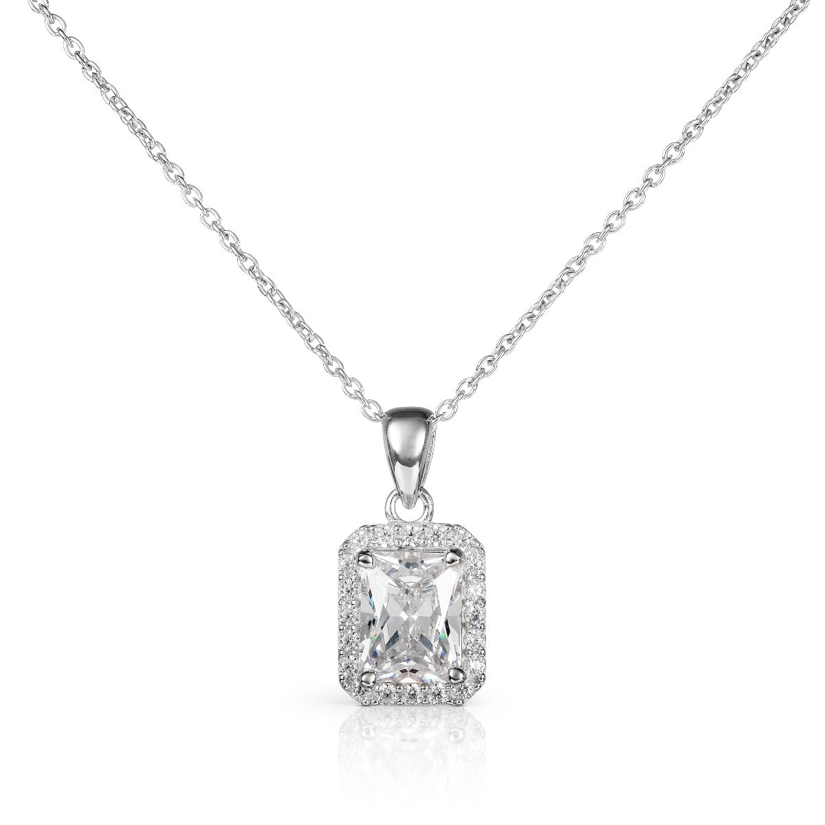 Sterling Silver Emerald Cut Cubic Zirconia Pendant Necklace for Women